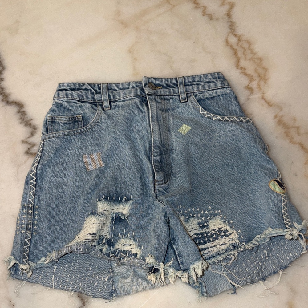 Sea New York Light Blue Distressed Embroidered Denim Cutoff Shorts